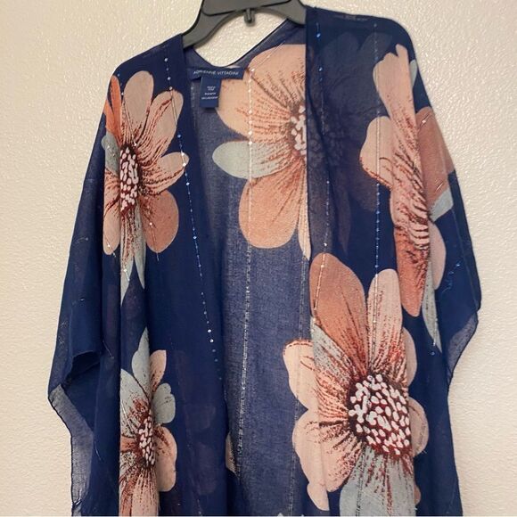 Adrienne Vittadini Lightweight semi sheer Duster Kimono blue large floral OS - Picture 3 of 9